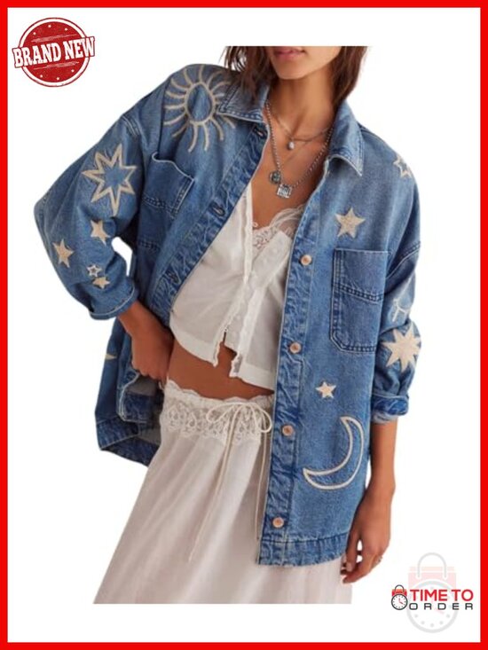 Jackets & Blazers - Vintage Oversized Denim Jacket with Embroidered Sun & Moon - Button Down Casual